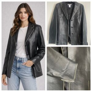90s Minimalist Lamb Leather Blazer Contrast Piping Office Sire